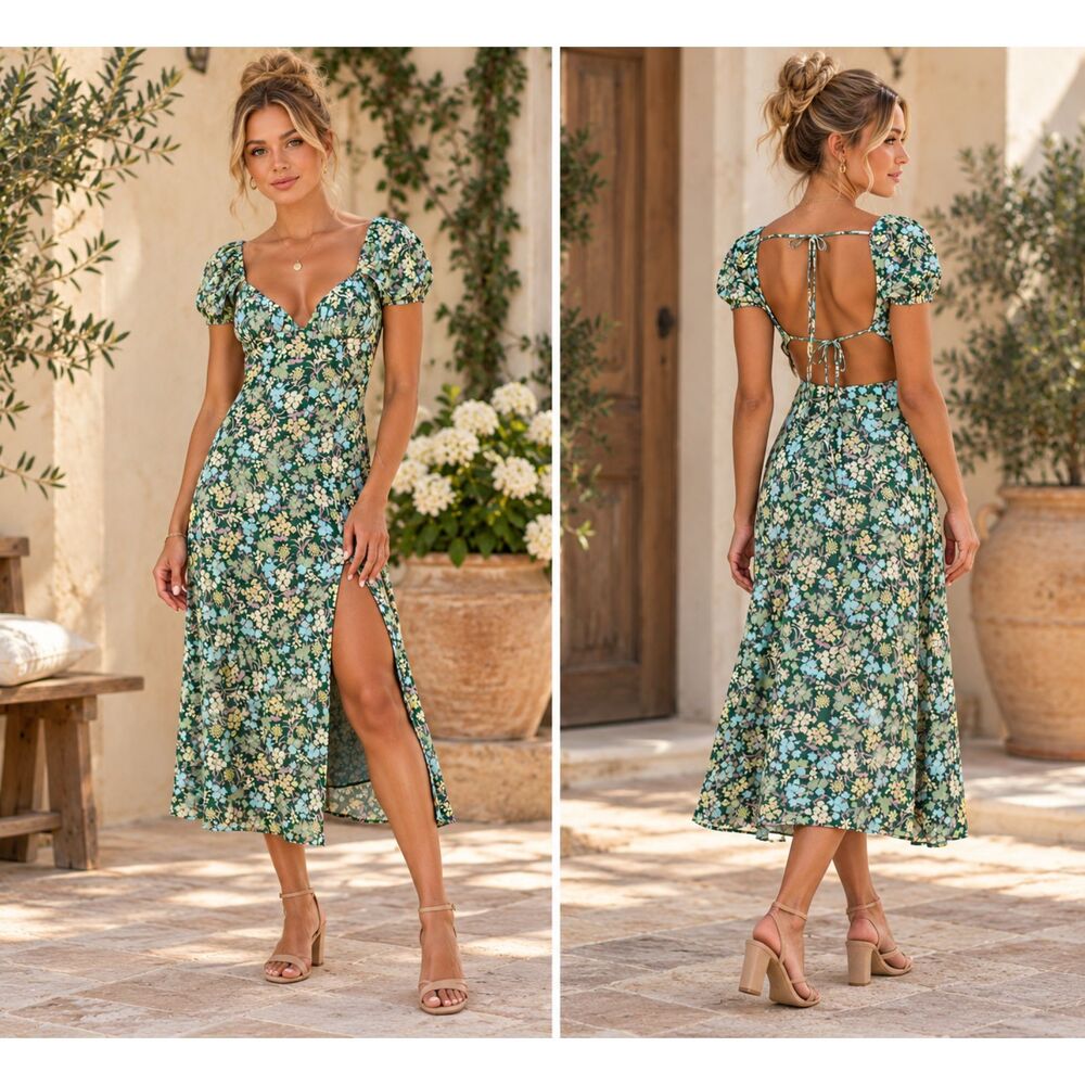Lulus Meadow Muse Midi Dress Floral Tie Back Puff Sleeve Size XS Cottagecore